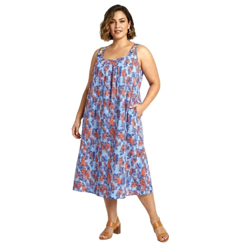 A. Richards VTG Aughts Y2K Sun Dress Midi Blue Floral Wooden Buttons Womens 1X